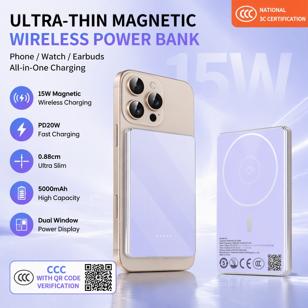 Power Bank Slim - [CCC Met QR-code] 5000mAh Ultradunne Magnetische